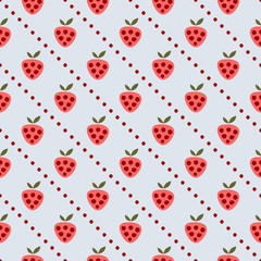 Seamless vector pattern with fruits. Symmetrical background with strawberries on the blue backdrop. Series of Fruits and Vegetables Seamless Patterns.