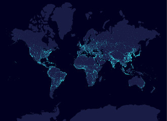 Fototapeta premium Mapa świata w nocy, koncepcja dnia na ziemi, największe miasta na świecie. Blask elementów infograficznych. Idea urbanizacji i globalizacji. aqua neonowy luminanse. Elementy Hud