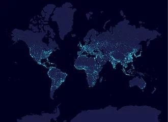 Poster Aarde bij nacht wereldkaart, aarde dag concept, wereldbevolking grootste steden. Gloed infographic elementen. Verstedelijking en globalisering idee. aqua neon luminantie. Hud-elementen © truekit