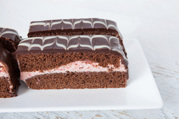 Chocolate cake with strawberry filling.