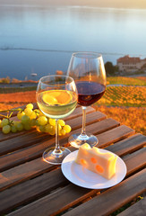 Wine and grapes against vineyards in Lavaux, Switzerland