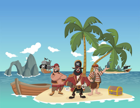 Cartoon pirates on a beautiful tropical beach with gold chest
