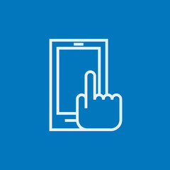 Fototapeta premium Finger pointing at smart phone line icon.