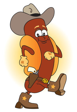 Hot Dog Cowboy with hat, gun and boots is strutting down the street