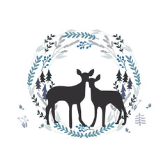 Christmas couple of deers in forest branch and leaf circle round vine on white background. Design element for winter celebration, love, wedding, anniversery