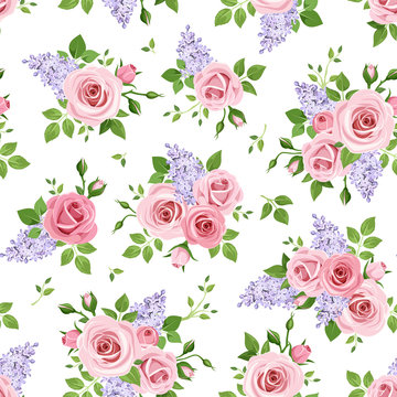 Vector seamless pattern with pink roses and purple lilac flowers on a white background.