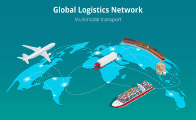 Fototapeta premium Global logistics network Web site concept Flat 3d isometric vector illustration Air cargo trucking rail transportation maritime shipping On-time delivery Vehicles designed to carry large numbers cargo