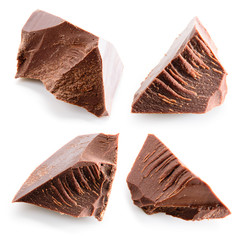 Set of chocolate pieces isolated on white background.