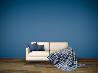 Interior picture with light beige fabric sofa, dark blue cushions and tartan plaid standing on brown wooden floor with empty deep blue gradient wall background. 3d rendering.