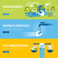 Set of flat line design web banners for environment, renewable energy, green technology, ecology. Vector illustration concepts for web design, marketing, and graphic design.