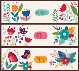 Beautiful vector collection with flowers and leaves. Spring art print with botanical elements