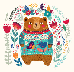 Obraz premium Vector pattern with adorable bear, flowers and leaves