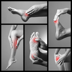 Pain in the foot. Massage of female feet. Sore on woman legs. Pain in the human body on a gray...