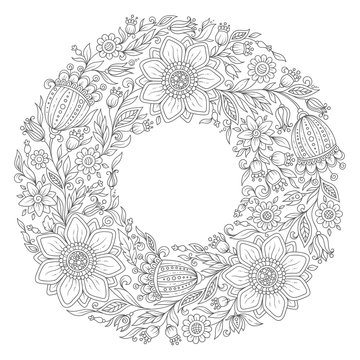 Flowers wreath. Coloring book page for adult.
