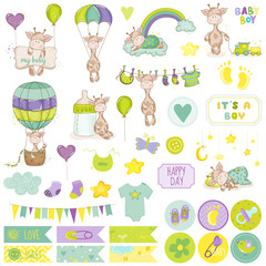 Baby Boy Giraffe Scrapbook Set. Vector Scrapbooking. Decorative Elements