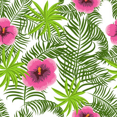 Fototapeta na wymiar Tropical jungle palm leaves and hibiscus vector pattern background. Exotic nature pattern for fabric, wallpaper or apparel.