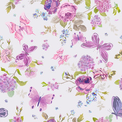 Spring Flowers Background with Butterflies- Seamless Floral Shabby