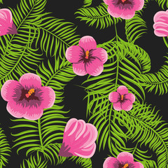 Tropical jungle palm leaves and hibiscus vector pattern background. Exotic nature pattern for fabric, wallpaper or apparel.