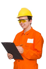 Man in orange coveralls isolated on white