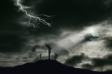 Crucifixion of Jesus on Golgotha With Darkened Sky and Lightning Effect. Copy Space