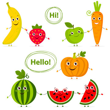 Funny fruits and vegetables with eyes in flat style. Carrot, strawberry, .pumpkin, watermelon, banana, apple. Colorful Vector Clip art. Isolated illustration on white