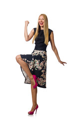 Woman in black floral dress isolated on white