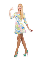 Caucasian woman wearing floral dress isolated on white