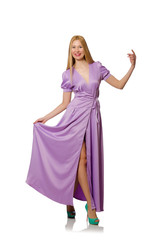 Obraz na płótnie Canvas Blondie woman in purple long dress isolated on white