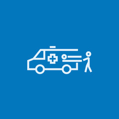 Man with patient and ambulance car line icon.