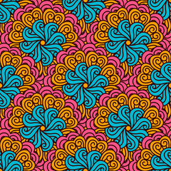 Hand drawn seamless pattern with floral elements. Colorful ethnic background.