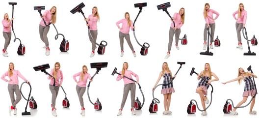 Young woman with vacuum cleaner on white