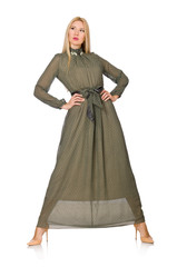 Fototapeta premium Blond hair woman in long green dress isolated on white