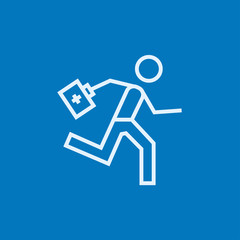 Paramedic running with first aid kit line icon.