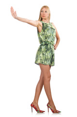 Blond hair woman wearing green short dress isolated on white