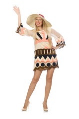 Blond hair model wearing designer clothes isolated on white