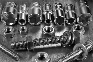 Set of stainless steel hex sockets with bolts nuts and washers