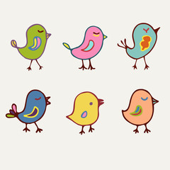 Birds collection of line art cartoon color birds