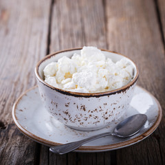 Homemade cottage cheese in a plate.Breakfast.Healthy food.selective focus.