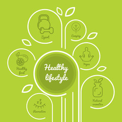 Infographics healthy lifestyle with healthy food icons, dumbbell, fruits, camping