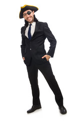 Pirate businessman wearing tricorn isolated on white