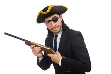 Pirate businessman holding weapon isolated on white