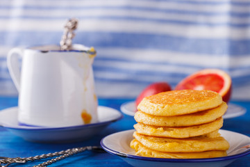 Pancakes with orange jam.selective focus.