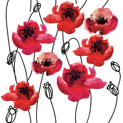 Stylish seamless pattern with poppy flowers . Vector freehand drawing with watercolor texture.