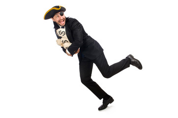 Pirate businessman holding money bags isolated on white