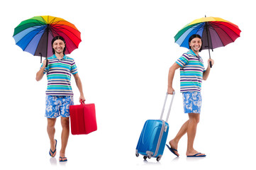 Traveler with red case  and umbrella isolated on white