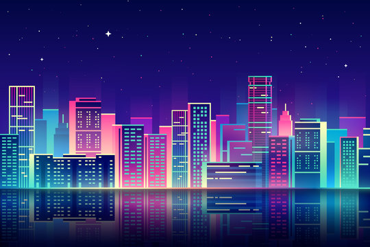 Vector night city with neon glow illustration.