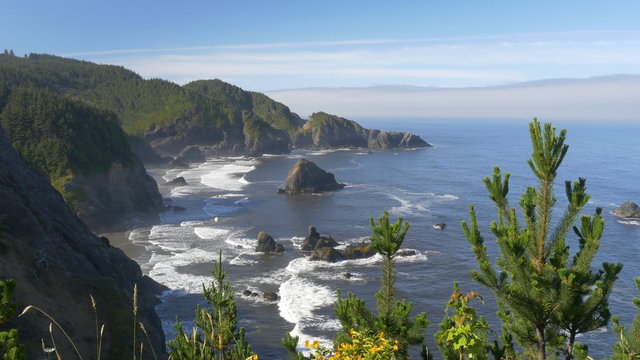 Early morning locked down view of the rocky coast in the Samuel H. Boardman State Scenic Corridor, southern Oregon coast; Panasonic GH4.