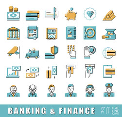 Set of icons related to finance and banking. Vector illustration. Collection of premium quality flat line icons. 
