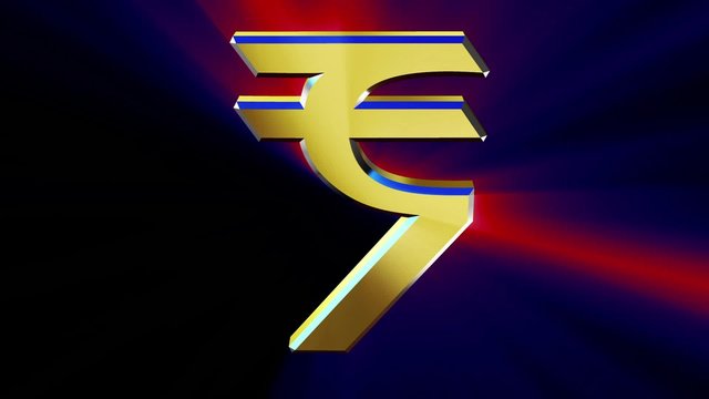 Image rotating symbol of the Indian rupee in a blaze of colored rays