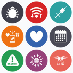 Bug and vaccine signs. Heart, spray can icons